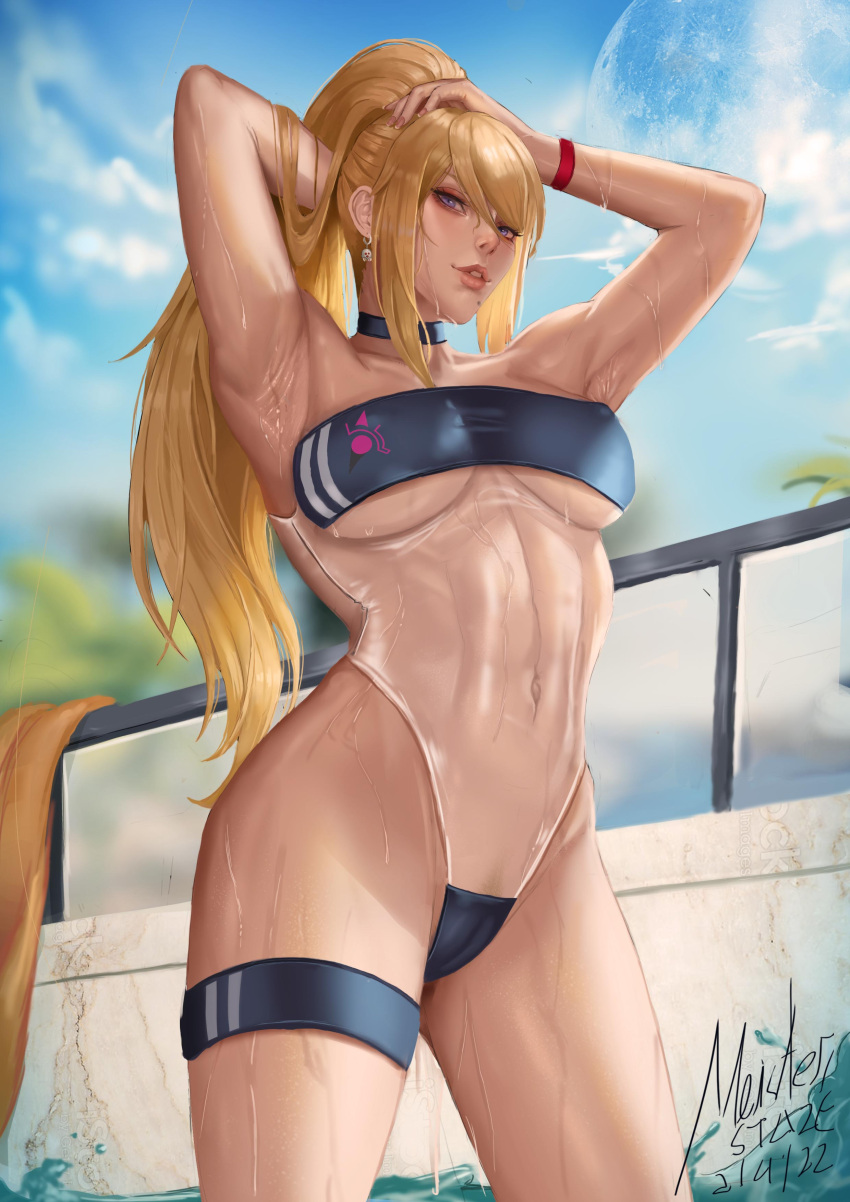 1girls armpits arms_up blonde_hair gris_swimsuit long_hair meister_staze metroid nintendo one-piece_swimsuit ponytail samus_aran solo swimsuit wet