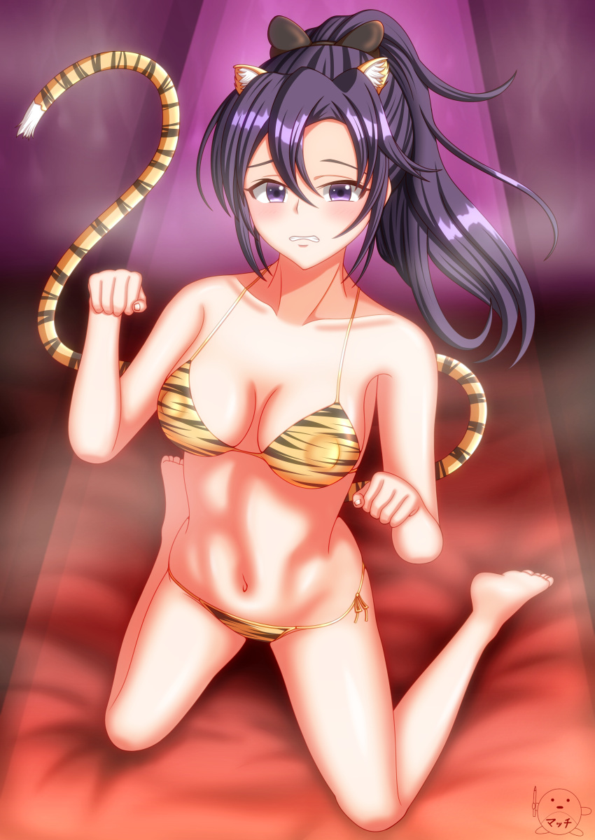 1girls bare_legs barefoot bikini covered_nipples female_only fir_(fire_emblem) fire_emblem fire_emblem:_the_binding_blade from_above hair_between_eyes kneeling looking_back match_earhart medium_breasts medium_hair nintendo on_bed ponytail purple_eyes purple_hair solo steam swimsuit tiger_girl tiger_print year_of_the_tiger yellow_bikini yellow_swimsuit