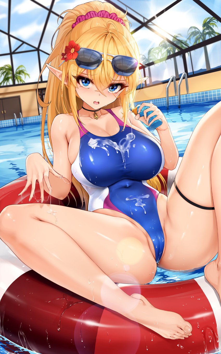 absurdres ahoge bangs bare_arms bare_legs barefoot black_choker blonde_hair blue_eyes blush bottle breasts cameltoe choker commentary_request covered_navel elf eyebrows_visible_through_hair eyewear_on_head feet female flower hair_between_eyes hair_flower hair_ornament highleg highleg_swimsuit highres holding holding_bottle innertube large_breasts long_hair looking_at_viewer lotion niliu_chahui one-piece_swimsuit original palm_tree partially_visible_vulva pointy_ears pool red_flower solo sunglasses sunscreen swimsuit that_pool thigh_strap toes tree water