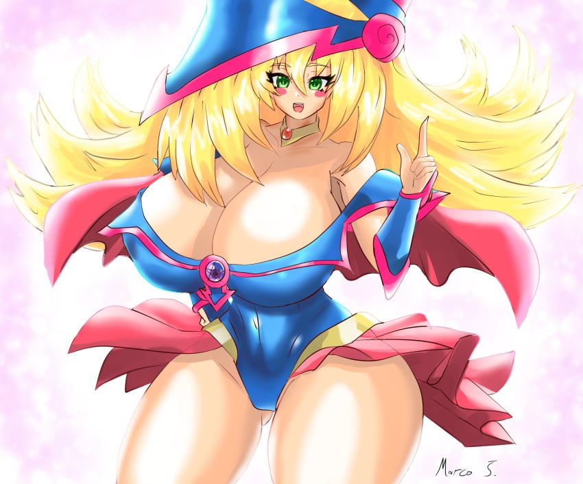 1girls alternate_body_type alternate_breast_size artist_signature bare_shoulders big_breasts blonde_hair blush blush_stickers breasts cleavage collarbone dark_magician_girl eyebrows_visible_through_hair eyelashes female female_only green_eyes hand_on_hip hat headwear huge_breasts long_hair looking_at_viewer marcormen open_mouth smile solo solo_female standing tagme thick_thighs voluptuous wide_hips yu-gi-oh!