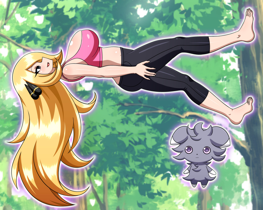 blonde_hair cynthia_(pokemon) empty_eyes espurr floating hypnosis long_hair midriff mind_control nintendo pokemon yensh yoga_pants