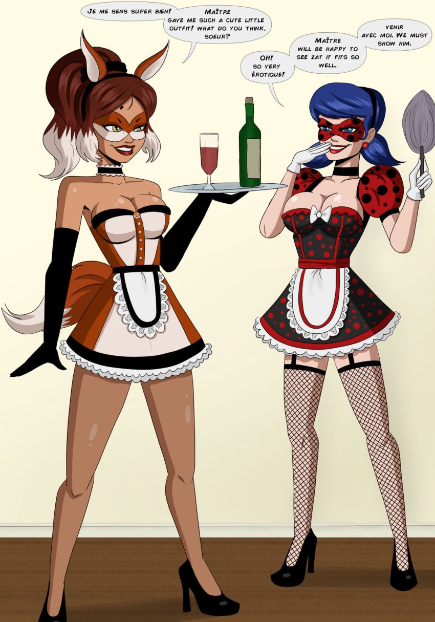 2d 2d_(artwork) 2girls alternate_costume alya_cesaire apron beauty_mark big_breasts blue_eyes blue_hair bow brainwashing breast_expansion brown_eyes brown_hair cleavage collarbone comic dark_skin domino_mask earrings elbow_gloves eye_mask feather_duster female female_only femsub fishnet_stockings fishnets forced_employee fox_ears glasses gloves growth happy_trance high_heels hypnosis ladybug_(character) large_breasts lips lipstick maid maid_uniform makeup marinette_dupain-cheng mind_control miraculous:_tales_of_ladybug_and_cat_noir miraculous_ladybug multiple_girls personality_change pigtails polmanning ponytail post_transformation rena_rouge slave smile stockings superhero superheroine text transformation