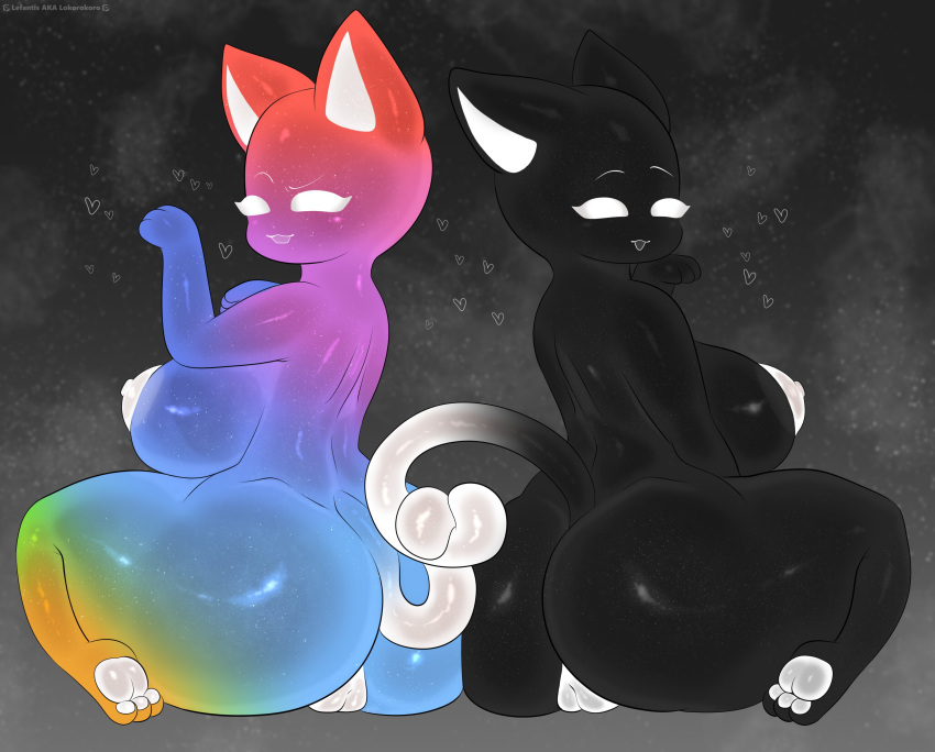 2girls ass breasts cat_ears cat_tail feline feline_humanoid female female_only furry heart lefantis looking_at_viewer nipples pussy rainbow_skin tagme tail tails