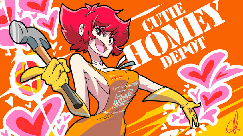 1girls apron choker cutie_honey cutie_honey_(character) gloves hammer heart heart_choker home_depot honey_kisaragi re:_cutie_honey red_eyes red_hair sideboob solo tagme triple-q yellow_gloves