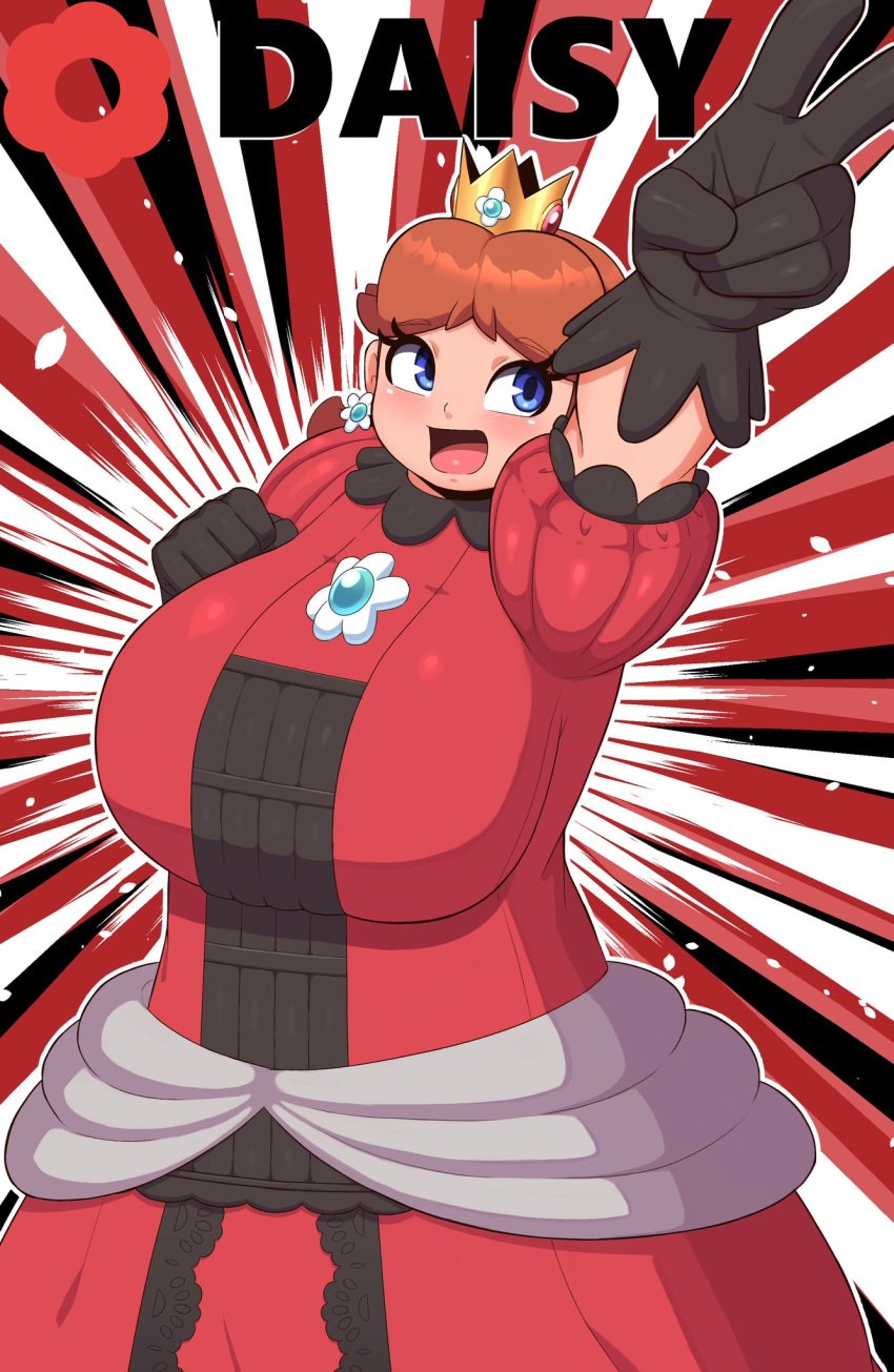 alternate_costume bbw big_breasts black_gloves blue_eyes braffy brown_hair crown excited flower_earrings looking_up mario_(series) pac-man_eyes princess princess_daisy red_dress super_smash_bros. victory_pose video_games