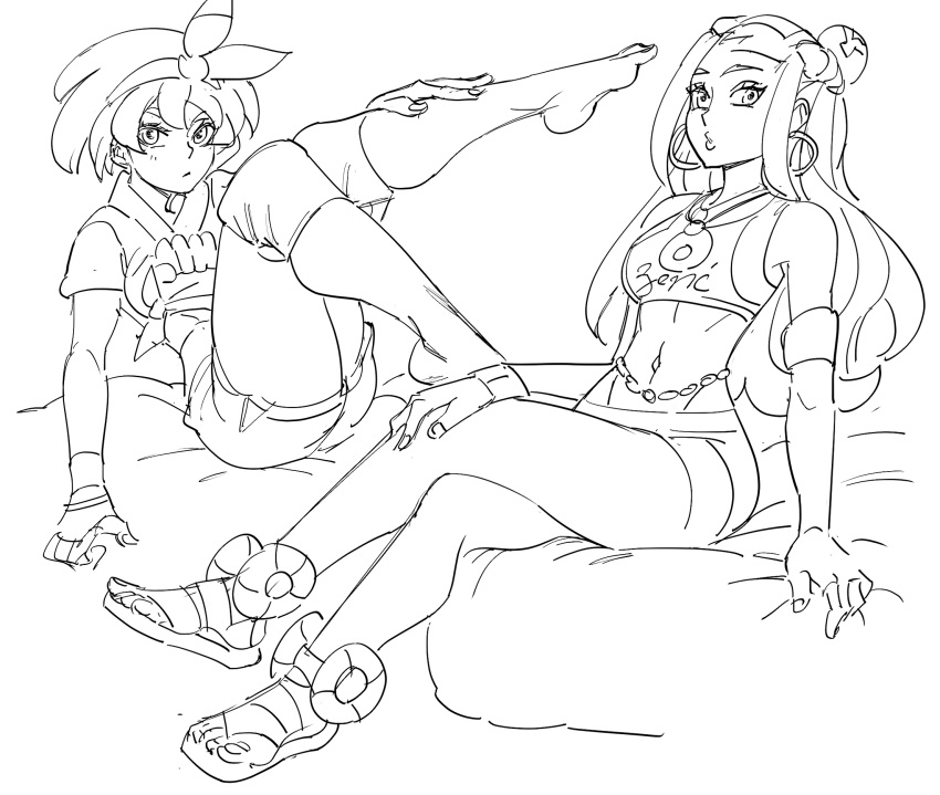 2girls barefoot bb_(baalbuddy) bea_(pokemon) female foot_fetish foot_focus foot_tease gym_clothes monochrome nessa_(pokemon) open_toe_shoes pokemon pokemon_ss sandals suggestive_look suggestive_posing swimwear