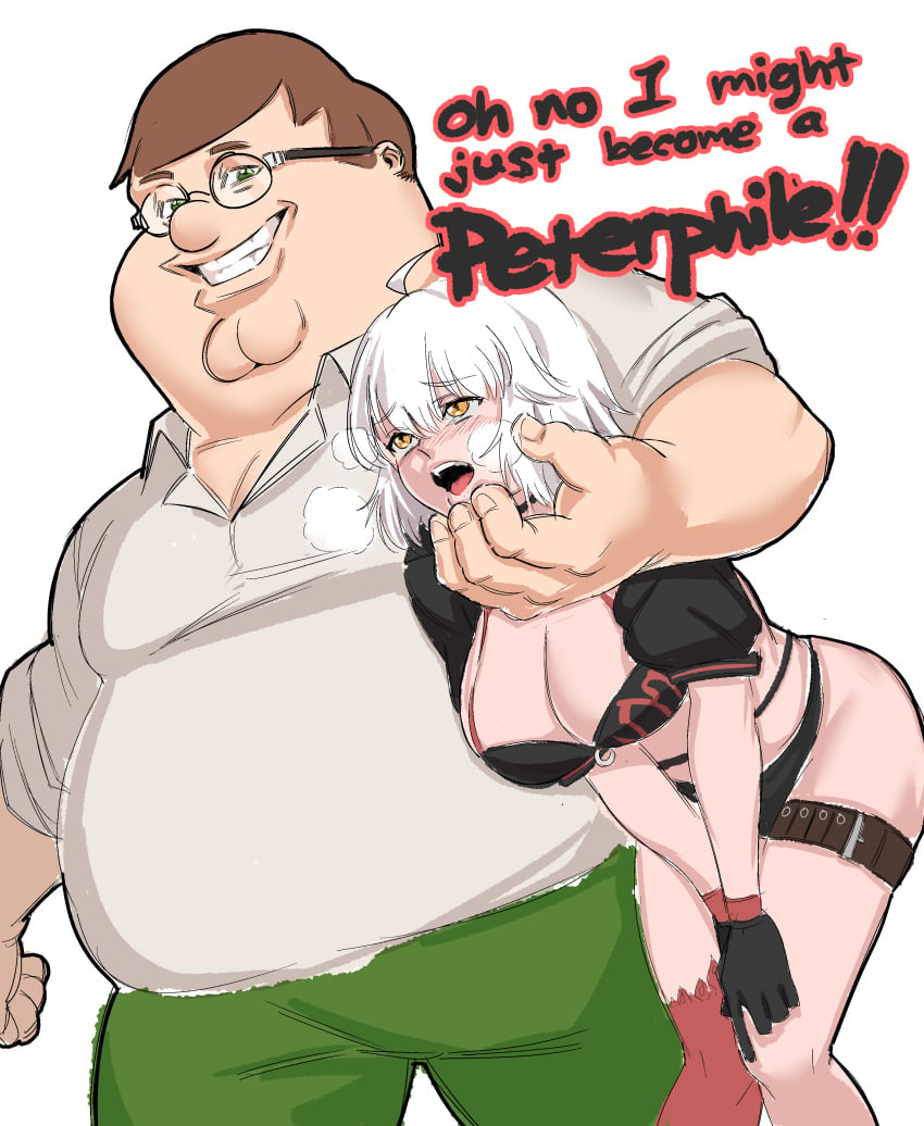 1boy 1girls 2022 absurd_res ahe_gao ahoge arm_around_neck bare_arms big_breasts bikini black_bikini black_gloves blush breasts brown_hair busty cleavage clothed clothing crossover cupping_chin eyebrows_visible_through_hair family_guy fat_man fate/grand_order fate_(series) female glasses gloves green_eyes grin hair_between_eyes hands_on_thighs heavy_breathing highres horny jeanne_alter jeanne_alter_(swimsuit_berserker) jeanne_d'arc_(fate) kowai_(iamkowai) large_breasts leaning_forward looking_at_viewer male maledom meme open_mouth overweight overweight_male pants peter_griffin rolling_eyes shirt short_hair silver_hair simple_background single_thighhigh smile standing swimsuit teeth thick_neck thigh_strap thighhighs thighs tongue white_background yellow_eyes