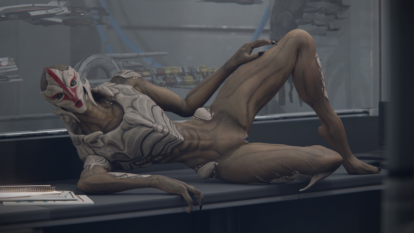 3d absurd_res alien bedroom_eyes bodypaint desk doinks-ahoy dominant dominant_female duo face_paint female furniture genitals hands hi_res legs male male/female mass_effect mass_effect_2 narrowed_eyes nyreen_kandros pussy romantic seductive table video_games xeno