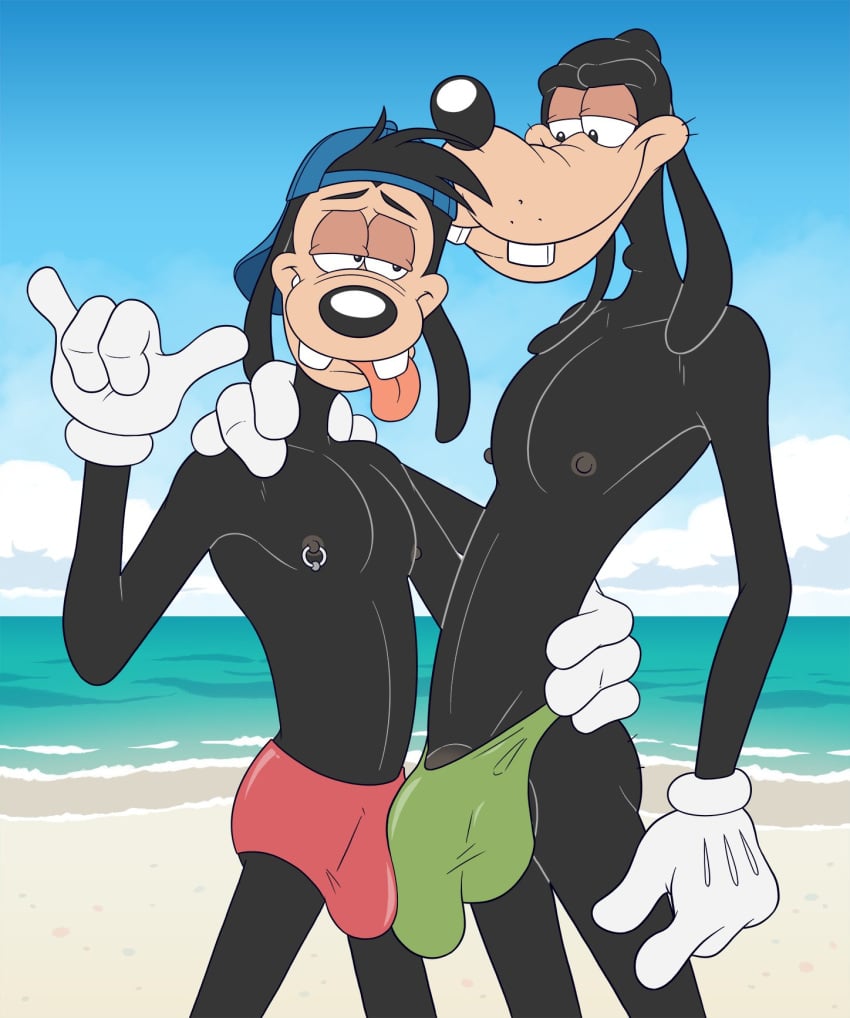 anthro anti_dev beach clothing disney disney_channel duo frottage gloves goof_troop goofy handwear hi_res humanoid incest male male/male male_nipples male_only max_goof nipple_piercing pecs piercing seaside sex size_difference tongue white_clothing white_gloves white_handwear yaoi