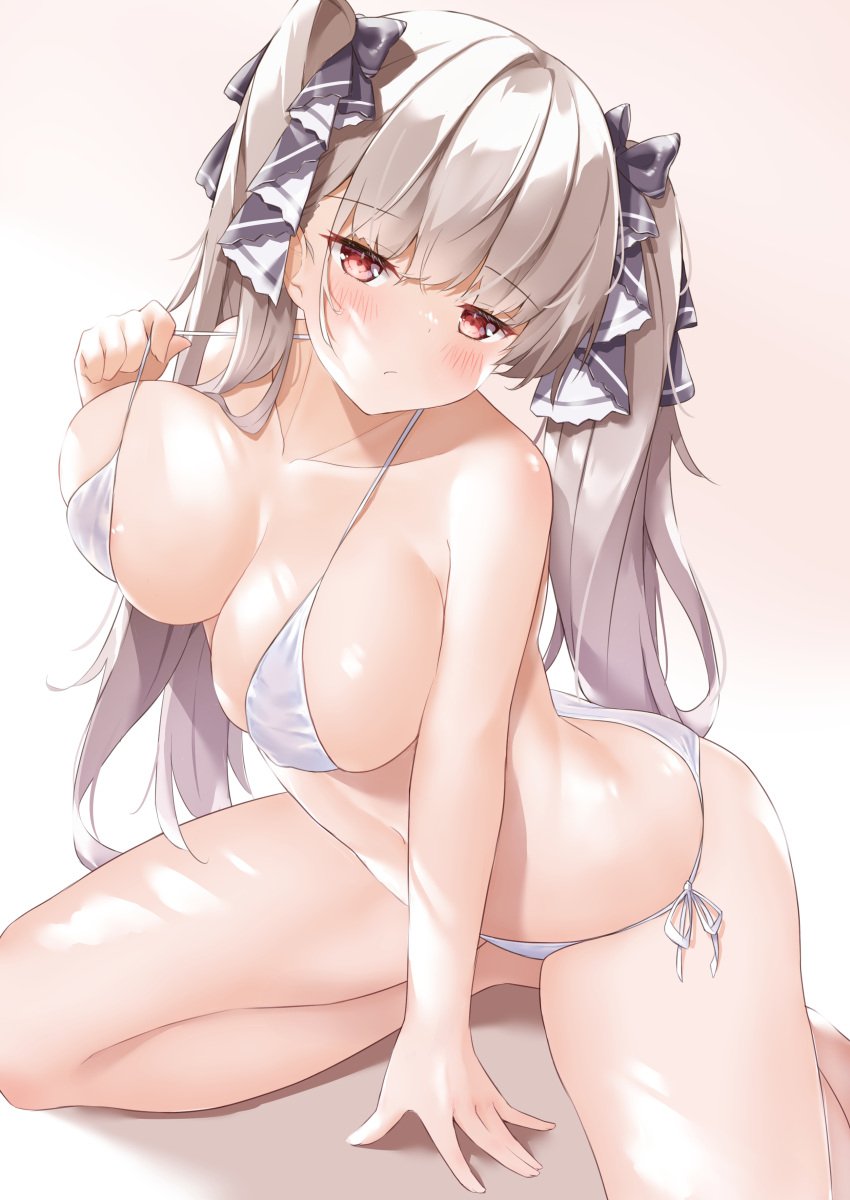 1girls \||/ absurdres areola_slip areolae azur_lane bikini blush bra breasts classic_(zildjian33) collarbone female female_only formidable_(azur_lane) frown hand_on_floor highres holding holding_bra holding_clothes holding_underwear large_breasts light-skinned_female light_skin looking_at_viewer panties red_eyes royal_navy_(azur_lane) side-tie_panties silver_hair simple_background sitting solo swimsuit twintails two-tone_ribbon underwear wariza white_background