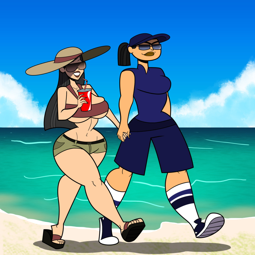 2girls beach big_ass big_breasts black_eyes black_hair blue-tinted_eyewear brown-tinted_eyewear brown_lipstick clear_sky cleavage clothed clothing clouds eva_(tdi) female female_only hat heather_(tdi) holding_cup holding_hands muscular_female ocean rustysh4ckl3ford sand sea smiling sunglasses thick_ass thick_thighs tinted_eyewear total_drama_island underboob walking yellow_eyes yellow_lipstick yuri