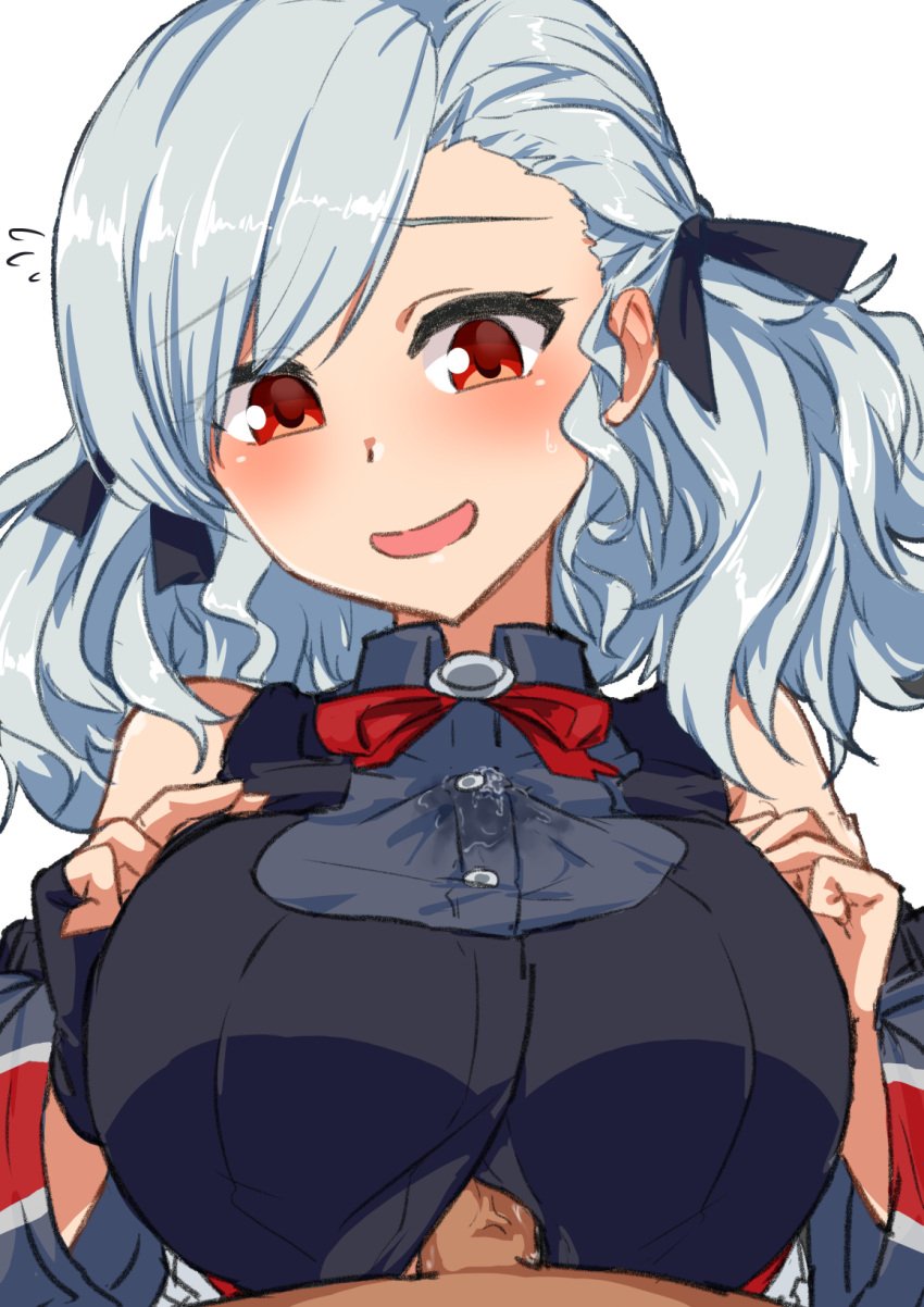 black_ribbon blush bow bowtie breasts breasts_squeezed_together commentary detached_sleeves female flying_sweatdrops girls'_frontline grey_hair grey_shirt hair_ribbon highres large_breasts long_hair looking_at_viewer nikomiudon_06 open_mouth paizuri paizuri_under_clothes penis pov precum precum_through_clothes red_bow red_bowtie red_eyes ribbon shirt simple_background smile spas-12_(girls'_frontline) twintails uncensored white_background