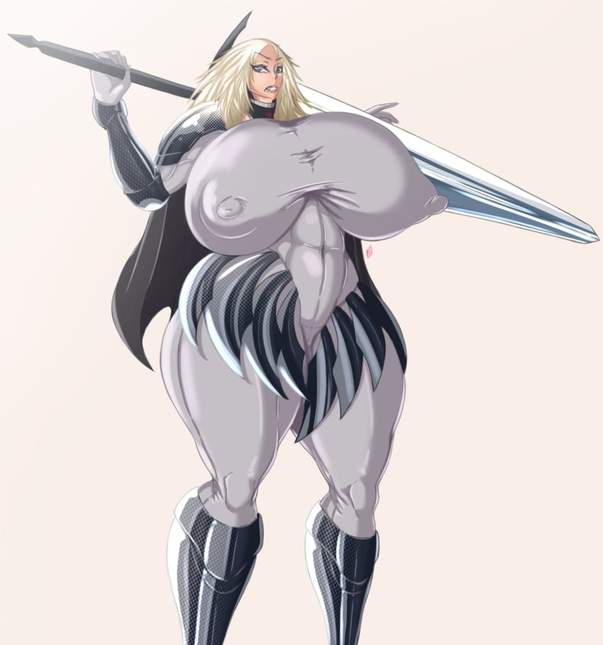 aomokoka armor breasts_bigger_than_head claymore clothing erect_nipples erect_nipples_under_clothes gigantic_breasts huge_areolae large_breasts miria_(claymore) nipple_bulge see-through sword thick_thighs