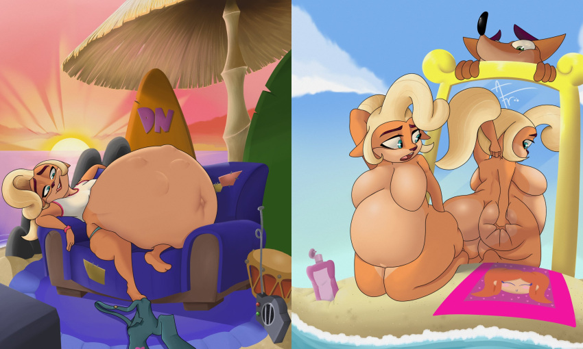 afraart anthor anthro anthro_only ass ass_dough ass_expansion ass_grab ass_growth ass_squeeze bandicoot belly big_ass big_belly big_breasts big_butt blonde_hair breast_expansion breasts clothing coco_bandicoot crash_(series) crash_bandicoot deep_skin digestion female female_focus furry huge_belly large_breasts mirror non-canonical_size overweight overweight_female post_vore same_size_vore vore weight_gain