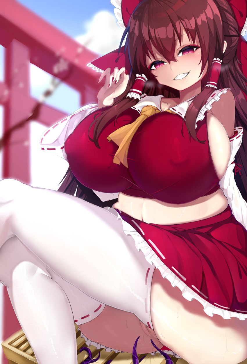 absurdres ascot ass black_hair bow box breasts brown_hair collar detached_sleeves donation_box female hair_tubes hairbow highres huge_ass huge_breasts large_breasts long_hair nontraditional_miko pussy red_eyes red_shirt red_skirt reimu_hakurei reindeer shirt sidelocks sitting skirt skirt_set sleeveless smile solo tentacle thick_thighs thighhighs thighs touhou user_gzus8432 white_collar white_legwear yellow_ascot