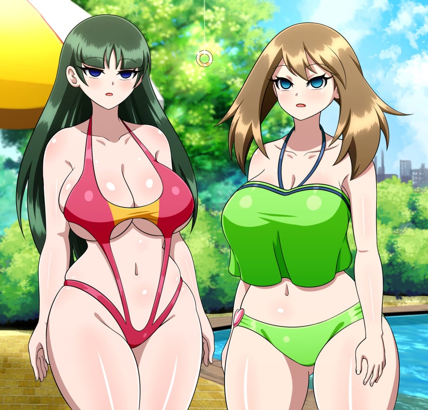 2girls alternate_breast_size bikini dazed empty_eyes female_only hypnosis large_breasts long_hair may_(pokemon) mind_control navel pendulum pokemon sabrina_(pokemon) short_hair swimsuit yensh