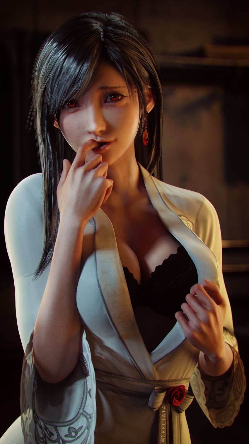 1girls 3d 3d_(artwork) black_hair blender blender_(software) breasts cleavage clothed curvy cute earrings female female_only final_fantasy final_fantasy_vii final_fantasy_vii_remake flag large_breasts long_hair looking_at_viewer panties pinup pov pov_eye_contact red_eyes seductive sensual showing_panties smile solo sreliata_(artist) tifa_lockhart