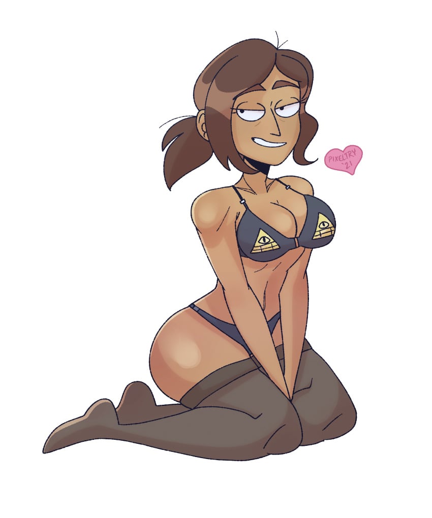 2021 artist_logo big_breasts bill_cipher bra breasts brown_hair cleavage eye_bags female good_artwork inside_job kneeling lingerie melat0nin messy_hair pixeltry ponytail reagan_ridley seductive solo stockings tired transparent_background