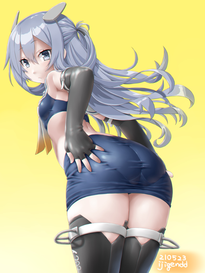 artist_name ass bare_shoulders black_gloves black_legwear blue_eyes blue_skirt blush breasts crop_top dated dd_(ijigendd) elbow_gloves female fingerless_gloves from_behind gloves hair_between_eyes headgear highres i-203_(kantai_collection) kantai_collection light_blue_hair long_hair looking_at_viewer looking_back midriff pantylines sailor_collar simple_background skirt small_breasts solo thigh_strap thighhighs white_sailor_collar yellow_background