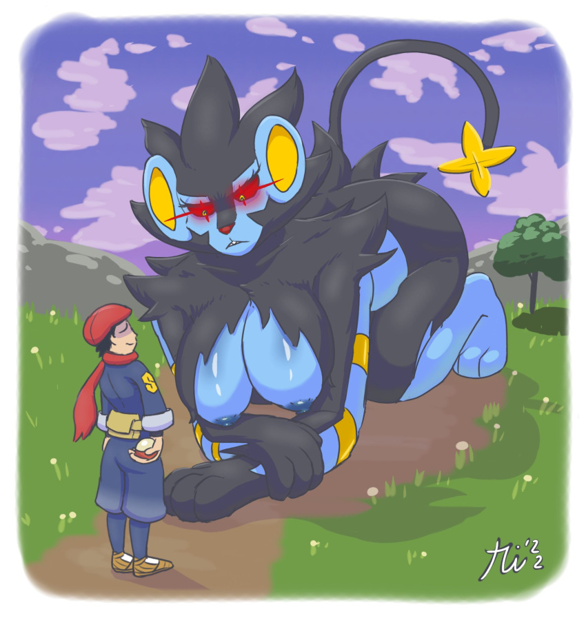 alpha_pokémon anthro big_breasts cool_s larger_female luxray macro nineka pokémon_(species) pokemon pokemon_(species) pokemon_focus pokemon_legends:_arceus red_eyes rei_(pokemon) size_difference smaller_male tagme