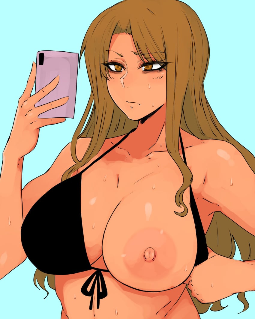 1girls 69_(tranquilo) bikini bikini_top breasts brown_eyes brown_hair cyan_background female female_focus female_only holding_phone long_hair mugino_shizuri nipple one_breast_out phone selfie solo solo_female solo_focus to_aru_kagaku_no_railgun to_aru_majutsu_no_index