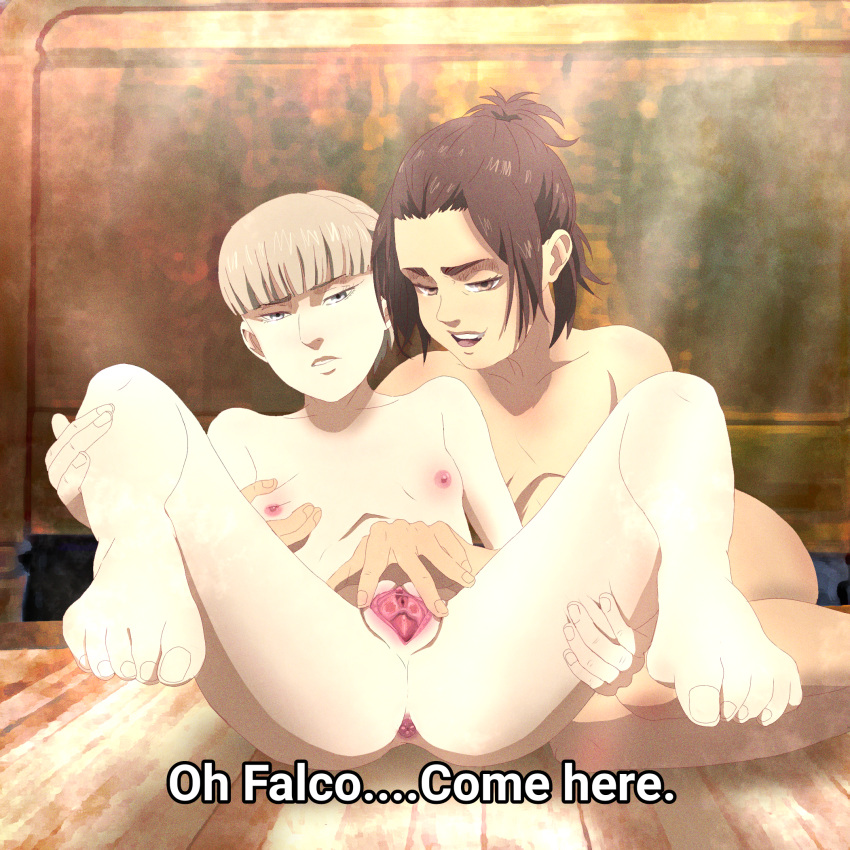 2girls anus ass attack_on_titan barefoot blonde_hair blush breast_grab breast_squeeze breasts brown_eyes brown_hair clitoris completely_nude falco_grice female flat_chest flat_chested gabi_braun imminent_sex imminent_threesome implied_male_pov indoors inviting_to_sex looking_at_viewer multiple_girls nipples nude pale-skinned_female presenting pussy shingeki_no_kyojin smile spread_legs spreading_pussy subtitled teenage_girl teenager teenagers yimr_rico young zofia_(shingeki_no_kyojin)