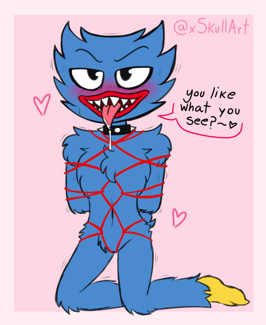 1boy bdsm blue_fur blush bondage hearts huggy_wuggy looking_at_viewer male_only monster motion_lines poppy_playtime red_rope seductive_look sharp_teeth solo solo_focus solo_male spiked_collar text tongue_out