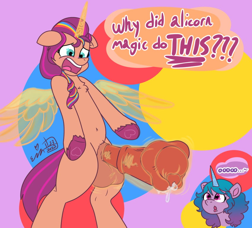 absurd_res alicorn animal_genitalia animal_penis balls blue_hair earth_pony english_text equid equine equine_penis erynerikard feral ftg_transformation fti_transformation futanari gender_transformation genitals gynomorph hair hasbro hi_res hooves horn horse intersex izzy_moonbow_(mlp) looking_down mammal mlp_g5 my_little_pony nude orange_body penis pony purple_body purple_hair shocked sunny_starscout_(mlp) text tongue tongue_out transformation unicorn wingding_eyes wings