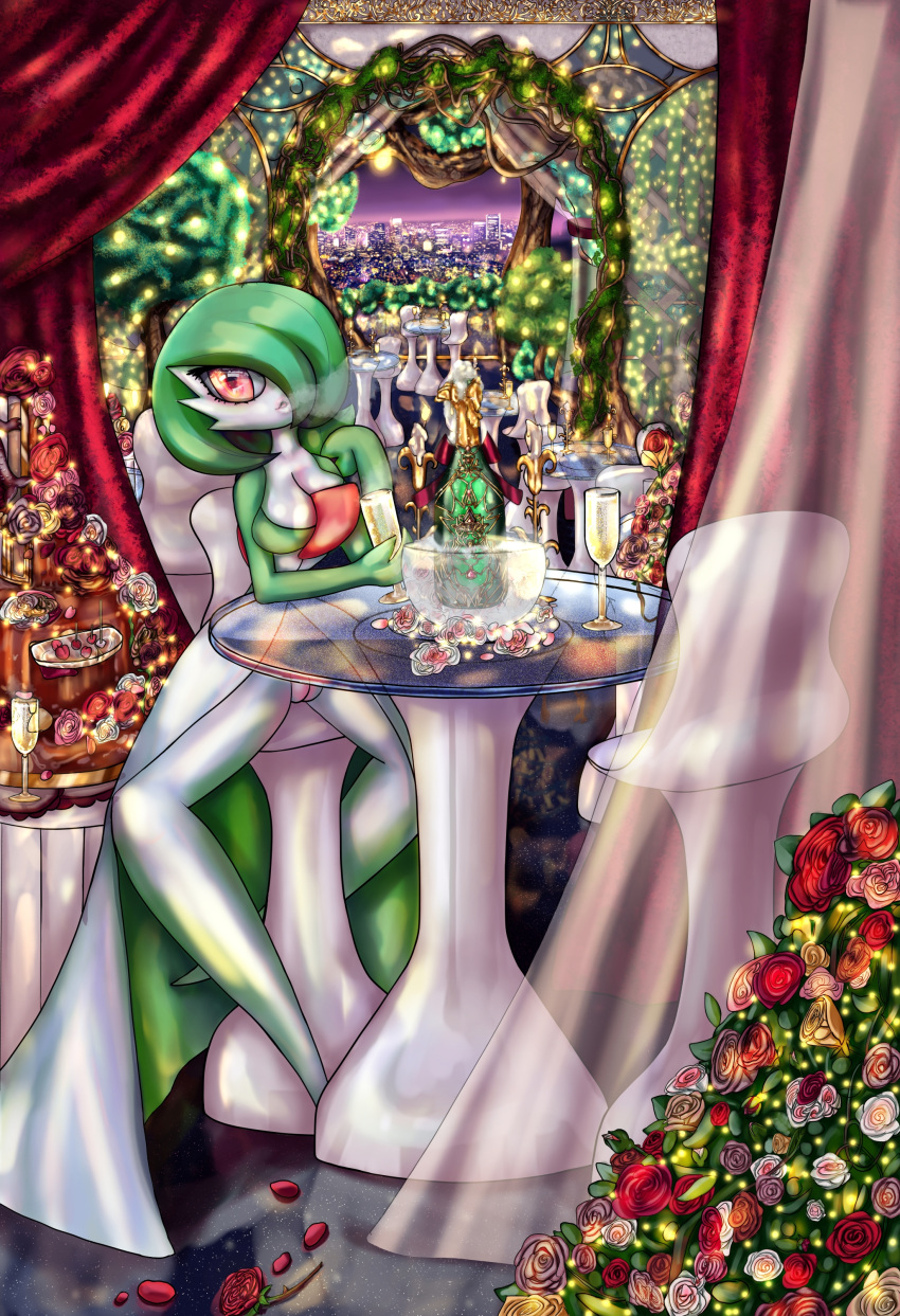 alcohol beverage big_breasts breasts candy catfoxcas champagne chocolate city city_background cityscape cleavage female flashing food gardevoir green_body green_hair humanoid pokemon pokemon_(species) pussy solo solo_female wine