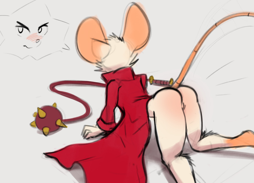 all_fours angry animal_humanoid anthro ass blush bottomless clothed clothing coat embarrassed exposed_butt female flail fur genitals hi_res humanoid mammal mammal_humanoid mina_(mina_the_hollower) mina_the_hollower mouse mouse_humanoid mouse_tail murid murid_humanoid murine murine_humanoid no_underwear on_ground pussy rodent rodent_humanoid schmutzo solo topwear weapon whip white_body white_fur yacht_club_games