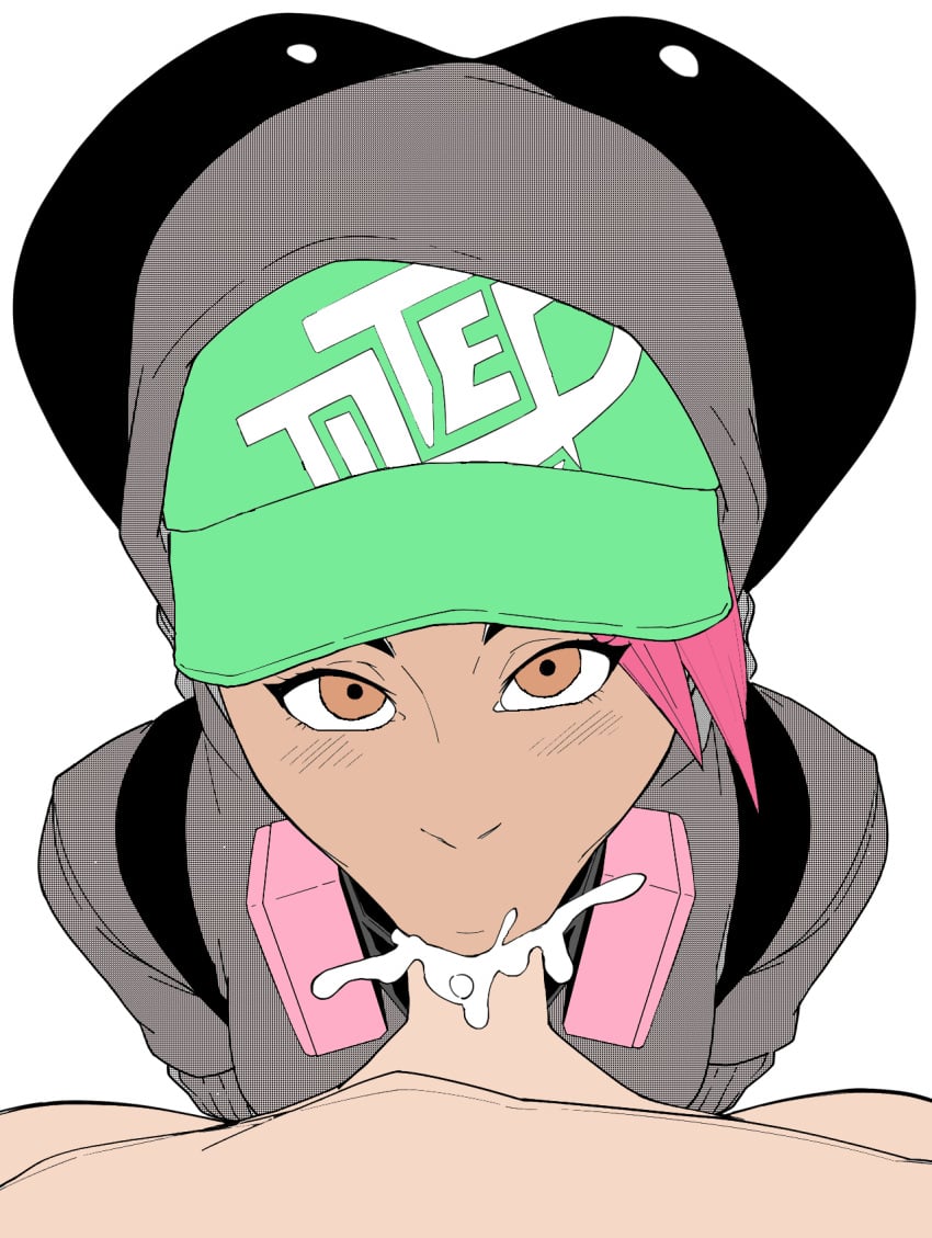 blowjob brown_eyes color_edit cum cum_in_mouth cumming edit fortnite hat hoodie huge_ass khexxi looking_at_viewer looking_up pink_hair teknique unseen_male_face wide_hips