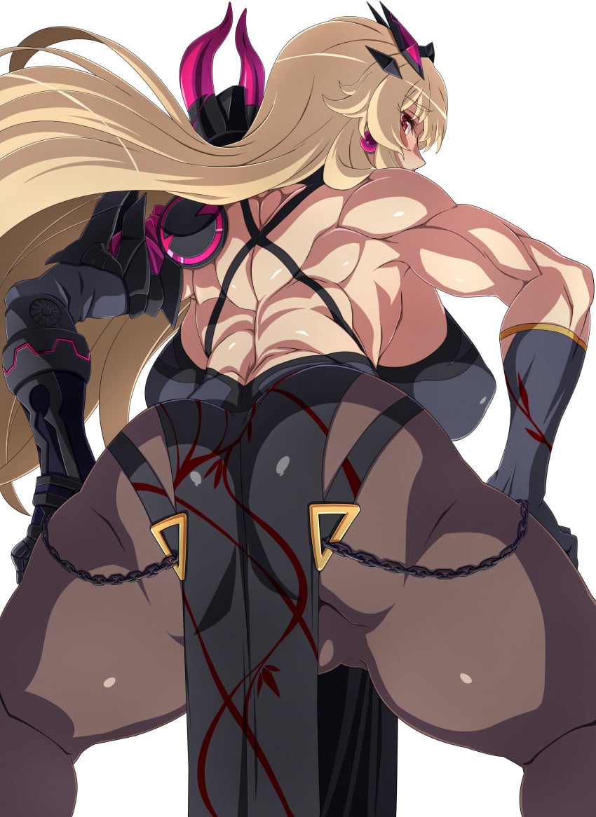 1girls absurdres armor ass back bangs bare_shoulders barghest_(gawain)_(fate) big_ass big_breasts black_dress black_gloves blonde_hair breasts brown_legwear chains dress earrings elbow_gloves fate/grand_order fate_(series) female gauntlets gloves highres horns j.h. jewelry large_breasts long_hair looking_at_viewer looking_back muscular_female pantyhose pauldrons pelvic_curtain red_eyes shoulder_armor sideboob single_gauntlet single_pauldron squatting thick_ass thick_thighs thighs toned