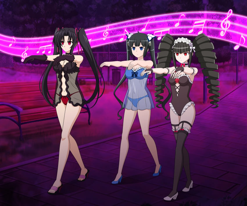 3girls absurd_res black_hair blue_eyes bustier celestia_ludenberg commission crossover danganronpa dungeon_ni_deai_wo_motomeru_no_wa_machigatteiru_darou_ka empty_eyes female female_only hestia_(danmachi) high_heels high_school_dxd hypnosis hypnotic_music jimryu lingerie mind_control multiple_girls negligee pink_eyes red_eyes see-through serafall_leviathan straight_hair twintails zombie_walk