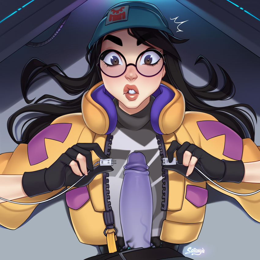 artist_name big_eyes big_penis black_hair brown_eyes clothed female fingerless_gloves glasses gloves hat killjoy_(valorant) long_hair omen_(valorant) partially_fingerless_gloves purple_skin riot_games satanya sci-fi surprised valorant white_skin yellow_jacket