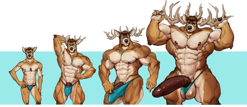 1boy anthro antlers beefy big_penis brown_eyes cervid daddy genitals growth hi_res horn huge_cock hyper hyper_genitalia hyper_penis male male_only mammal manly mostly_nude muscular oldshep penis penis_size_difference size_difference solo twink