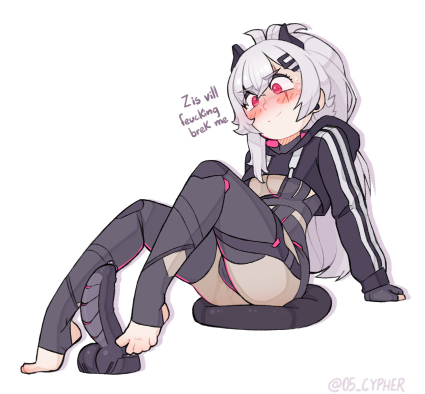 bangs blush bodysuit braid breasts cleavage cypher_05 dildo eyebrows_visible_through_hair feet female footjob gloves hair_ornament hairclip highres indie_virtual_youtuber long_hair long_sleeves pussy_juice red_eyes saruei_(vtuber) scar scar_across_eye sex_toy silver_hair solo stirrup_legwear tail thighhighs virtual_youtuber