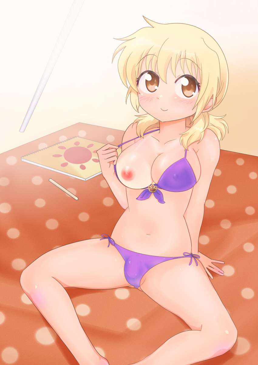 1futa absurdres beach bikini blonde_hair blush breasts brown_eyes bulge clothed clothing commission commissioner_upload dard_drak elbow_gloves flashing futa_only futanari hidamari_sketch highres human light-skinned_futanari light_skin long_hair looking_at_viewer miyako nipples one_breast_out pale_skin purple_bikini side-tie_bikini sitting smile solo spread_legs swimsuit tan