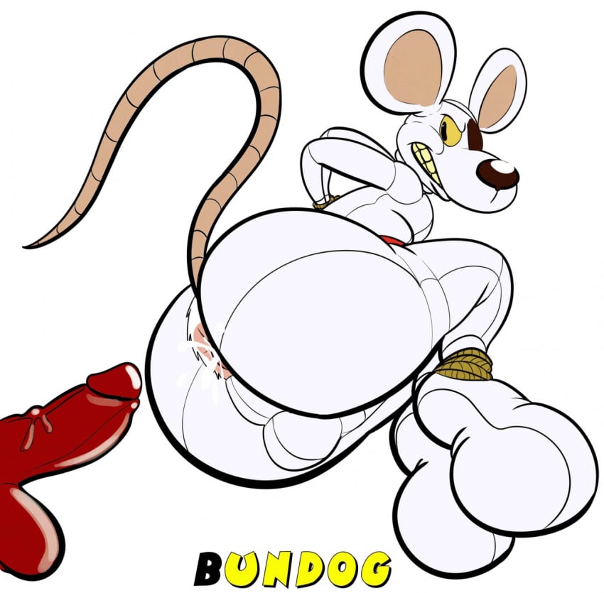 anthro anus bondage bound_ankles bound_wrists bundog cum danger_mouse erection eye_patch furry grimace looking_back male male_only mouse tail white_fur yellow_sclera