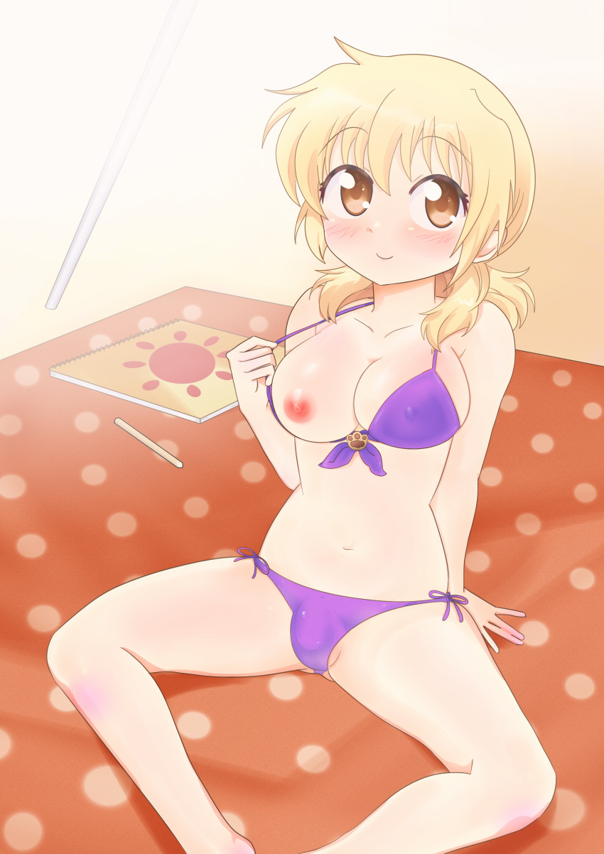 1futa absurdres beach bikini blonde_hair blush breasts brown_eyes bulge clothed clothing commission commissioner_upload dard_drak elbow_gloves flashing futa_only futanari hidamari_sketch highres human light-skinned_futanari light_skin long_hair looking_at_viewer miyako nipples one_breast_out pale_skin purple_bikini side-tie_bikini sitting smile solo spread_legs swimsuit