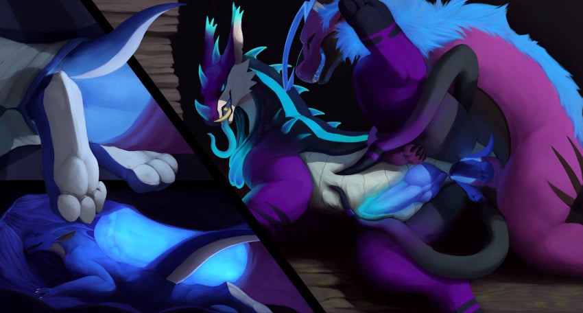 4_toes anal anal_sex anal_vore animal_genitalia anthro anthro_on_feral anthro_prey anus bioluminescence blue_penis body_outline closed_eyes cutaway dragon erection fangs feet feral feral_on_feral feral_penetrated feral_penetrating feral_penetrating_feral feral_pred firondraak genital_slit genitals glowing glowing_eyes glowing_genitalia glowing_penis glowing_tongue grin group group_sex head_first hi_res hindpaw internal kazzy kazzyboii knot larger_feral larger_male larger_pred leg_glider_position lying male multi_tail nude on_side one_leg_up open_mouth paws penetration penile penile_penetration penis penis_in_ass raised_leg scalie sex sheath size_difference slit smaller_anthro smaller_male smaller_prey smile stomach_bulge threesome toes tongue tongue_out trio vitica_(firondraak) vore zoophilia