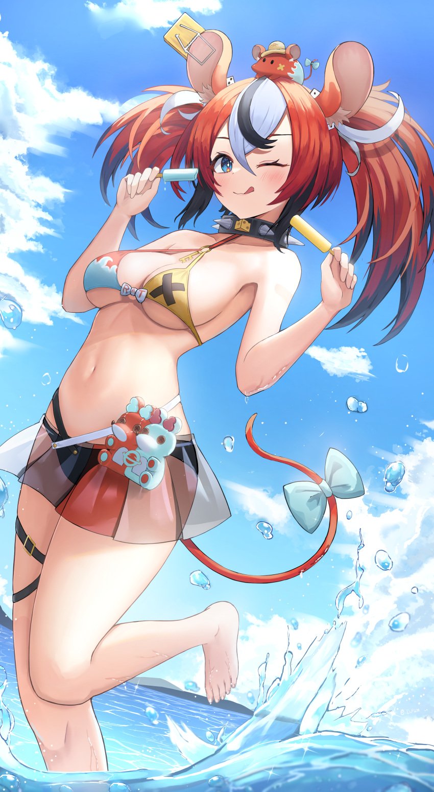 1girls 2d 2d_(artwork) ;p absurd_res animal_ear animal_ear_fluff animal_ears animal_tail australian bare_arms bare_legs bare_midriff bare_shoulders bare_thighs barefoot big_breasts bikini bikini_bottom bikini_top black_hair blue_eyes bursting_breasts choker collar doham female female_focus female_only fit_female hakos_baelz hololive hololive_english hololive_english_-council- hololive_english_-promise- large_filesize looking_at_viewer ocean popsicle rat_ears rat_tail red_hair short_skirt sideboob skirt small_bikini solo solo_female solo_focus spiked_collar standing_on_one_leg swimsuit swimwear tail thigh_strap toned_female tongue tongue_out twintails underboob virtual_youtuber water white_hair wink winking_at_viewer