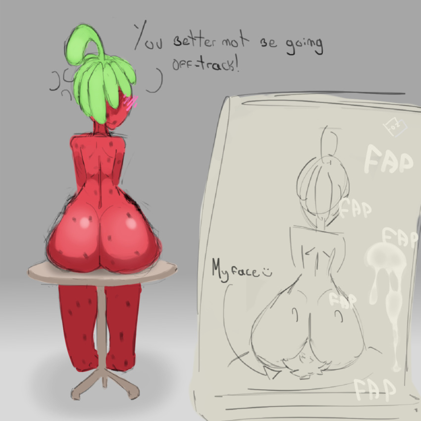 anthro ass big_butt blush bodily_fluids canvas cartoon_network cum dangling_legs dialogue digital_media_(artwork) drawing drawing_in_a_drawing drupe elemental_creature elemental_humanoid english_text facesitting female flora_fauna food food_creature food_humanoid fozuna fruit fruit_humanoid genital_fluids green_hair hair humanoid invalid_tag living_fruit masturbation nude offscreen_character ok_k.o.!_let's_be_heroes plant plant_humanoid rear_view red_body red_skin simple_background sitting sitting_on_table solo strawberry text wide_hips