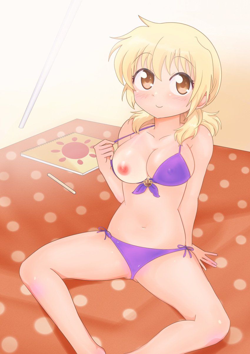 absurdres beach bikini blonde_hair blush breasts brown_eyes commission commissioner_upload dard_drak female flashing hidamari_sketch highres long_hair looking_at_viewer miyako nipples one_breast_out purple_bikini side-tie_bikini sitting smile solo spread_legs swimsuit tan