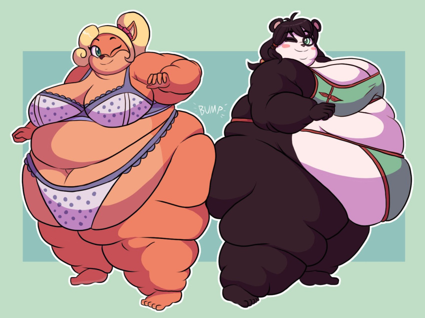 2girls anthro belly bikini bra breasts chubby_female coco_bandicoot crash_(series) fur furry lace navel obese obese_female overweight overweight_female panties roxas617 thick_thighs underwear weight_gain yaya_panda