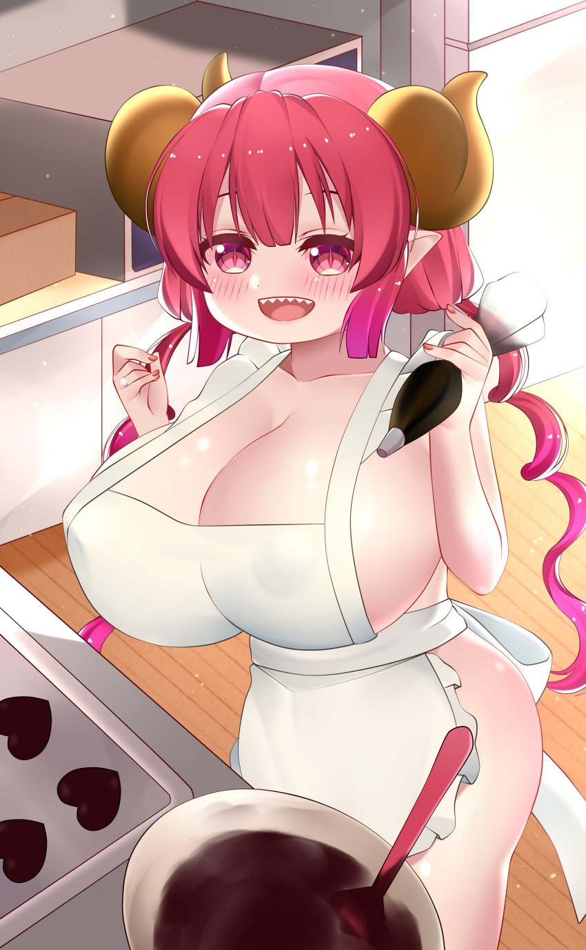 1girls adorable apron big_breasts breasts chocolate cute female horns huge_breasts ilulu_(dragon_maid) karenn miss_kobayashi's_dragon_maid monster_girl red_eyes red_hair sharp_teeth shortstack smaller_female solo standing thick_thighs thighs valentine's_day voluptuous wholesome wide_hips