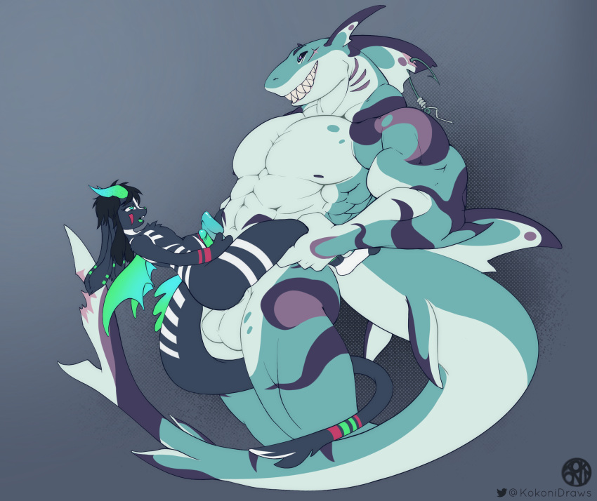 anthro deru_(kimiska) duo fish hi_res kokoni lumi_(kimiska) male male/male marine muscular shark stomach_bulge