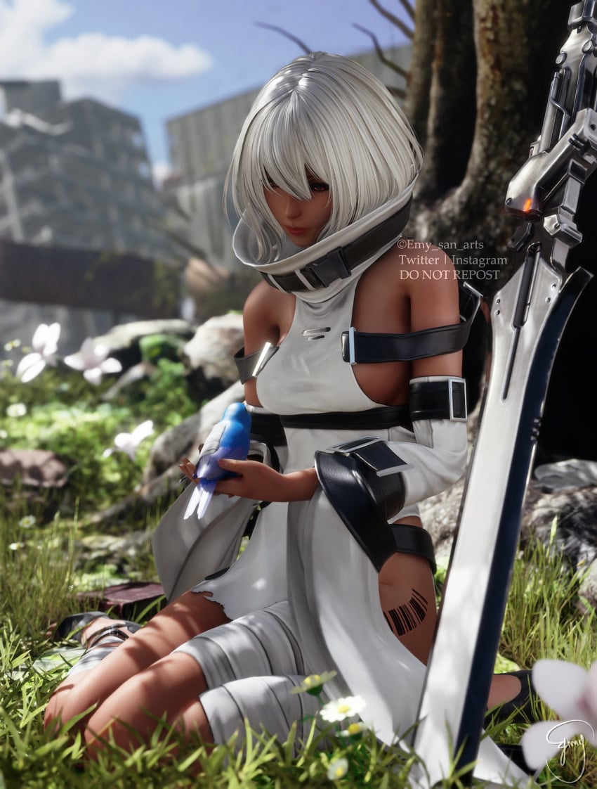 1girls 3d ass ass_visible_through_thighs blender breasts clothed clothing cute emy-san female female_only nier_(series) nier_reincarnation noelle_(nier_reincarnation) sideboob tanned white_hair wholesome