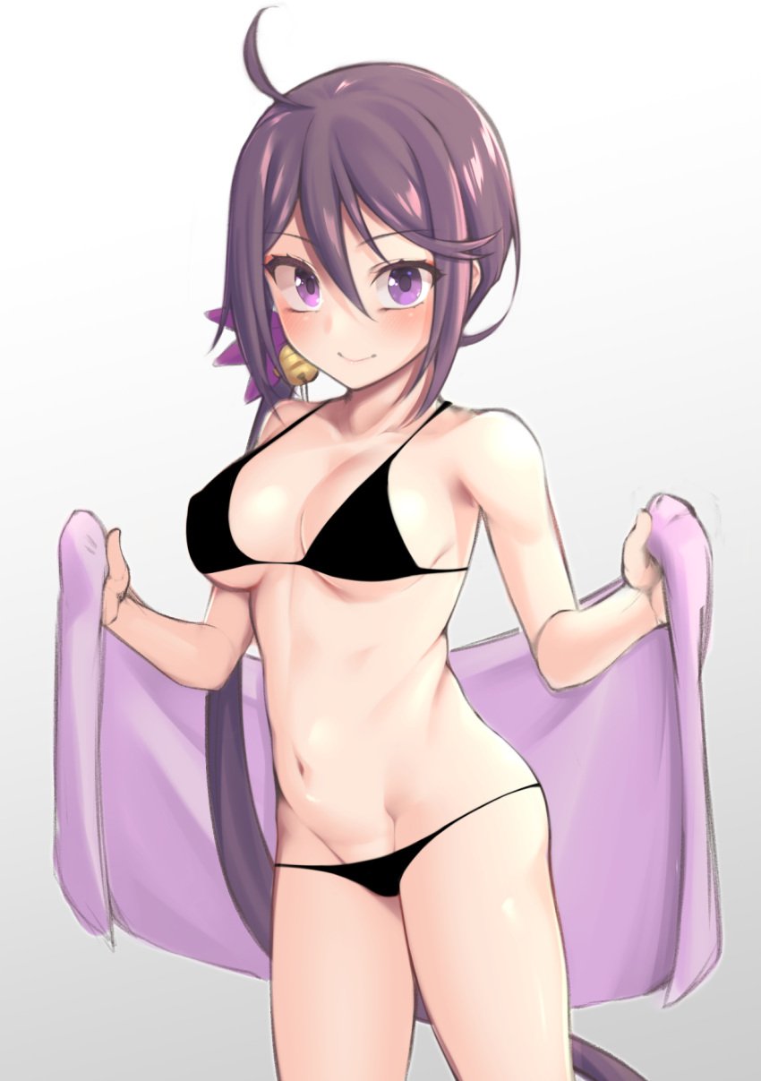 ahoge akebono_(kantai_collection) alternate_breast_size bell bikini black_bikini blush breasts closed_mouth collarbone cowboy_shot eyebrows_visible_through_hair female flower groin hair_bell hair_between_eyes hair_flower hair_ornament highres holding holding_towel jingle_bell kantai_collection large_breasts long_hair looking_at_viewer navel pink_flower purple_eyes purple_hair side_ponytail simple_background smile solo swimsuit towel very_long_hair yuki_to_hana