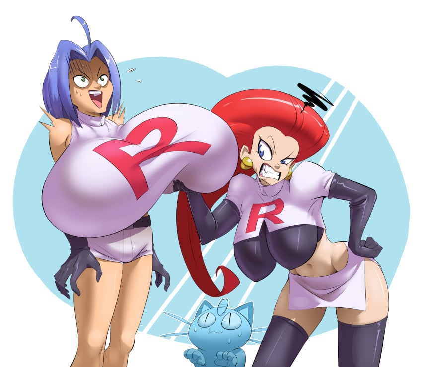 1boy 1girls angry big_hair black_shirt blue_hair breast_grab busty_boy busty_boy_on_female clenched_teeth epictones fake_breasts gigantic_breasts hair_intakes hair_slicked_back hardtones impossible_shirt james_(pokemon) jessie_(pokemon) leaning_forward lifting_breasts male_with_breasts meowth miniskirt nervous open_mouth pokemon red_hair short_shorts shorts shrug shrug_(clothing) side_slit skin_tight solo_male source_request team_rocket unaligned_breasts very_long_hair