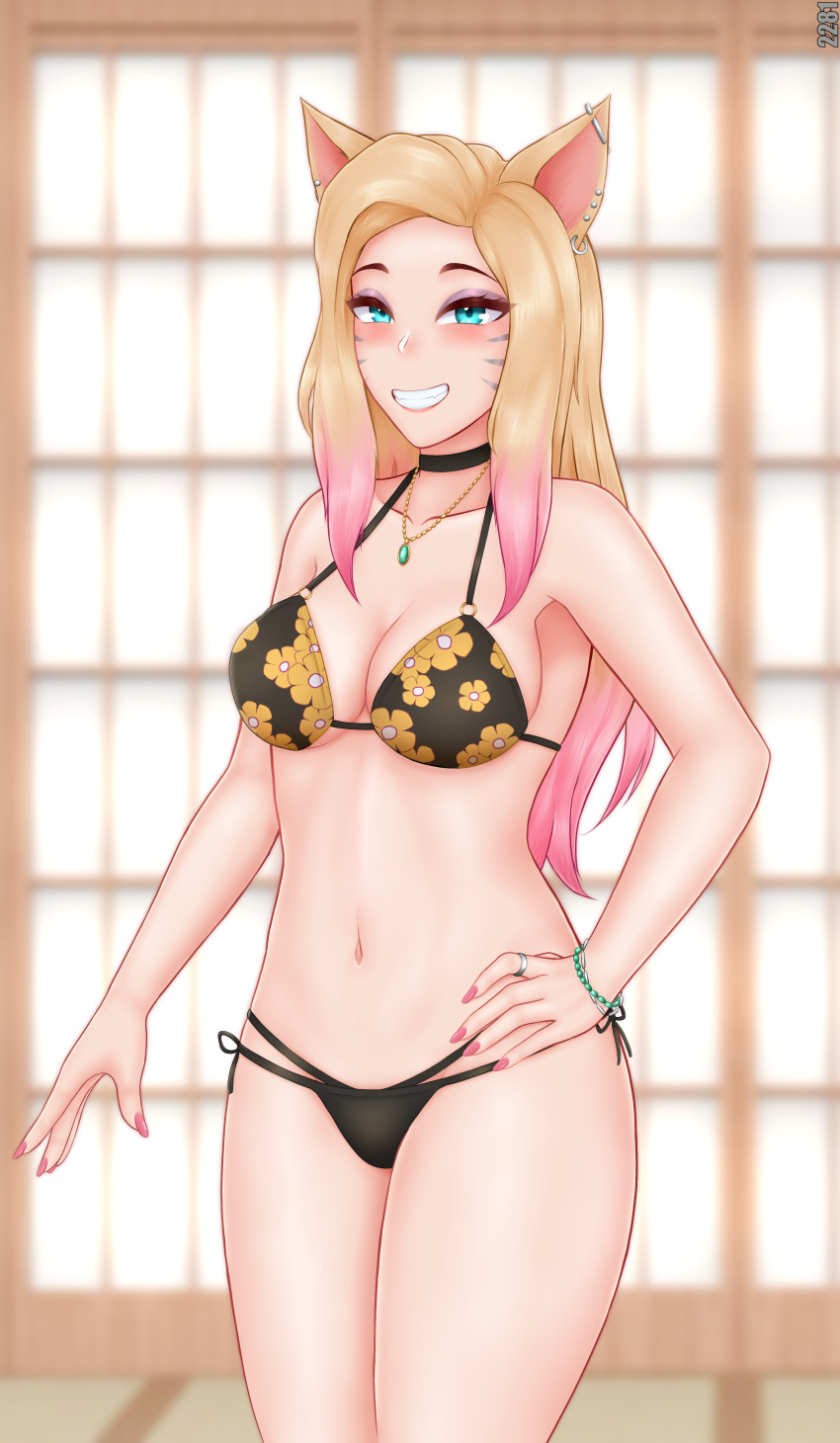 1girls absurd_res ahri alternate_costume animal_ears bikini blonde_hair choker gyaru k/da_ahri k/da_all_out_ahri k/da_all_out_series k/da_series kitagawa_marin_(cosplay) league_of_legends looking_at_viewer multicolored_hair pink_nails smile sono_bisque_doll_wa_koi_wo_suru spiritof2281 thick_thighs